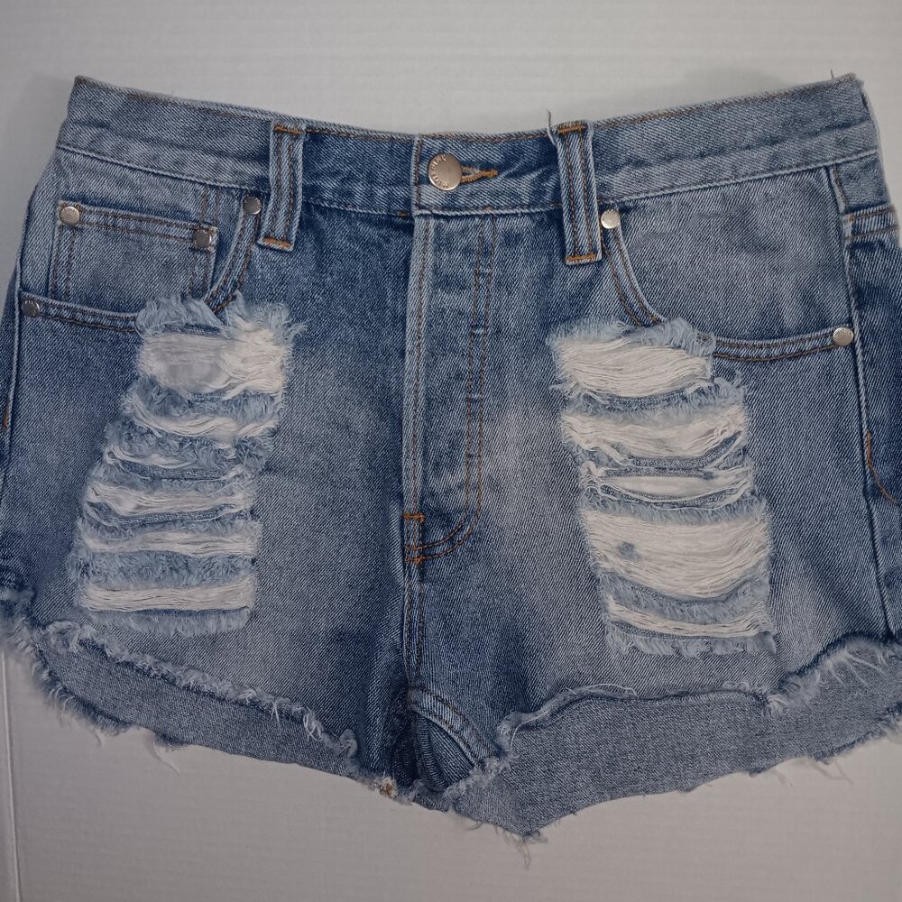 MINKPINK 100% COTTON DENIM JEAN HIDDEN BUTTON FLY SHORTY SHORTS